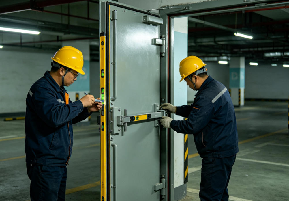 人防门框预埋隐蔽工程现场，施工人员核查人防门框锚固钢筋焊接预埋施工